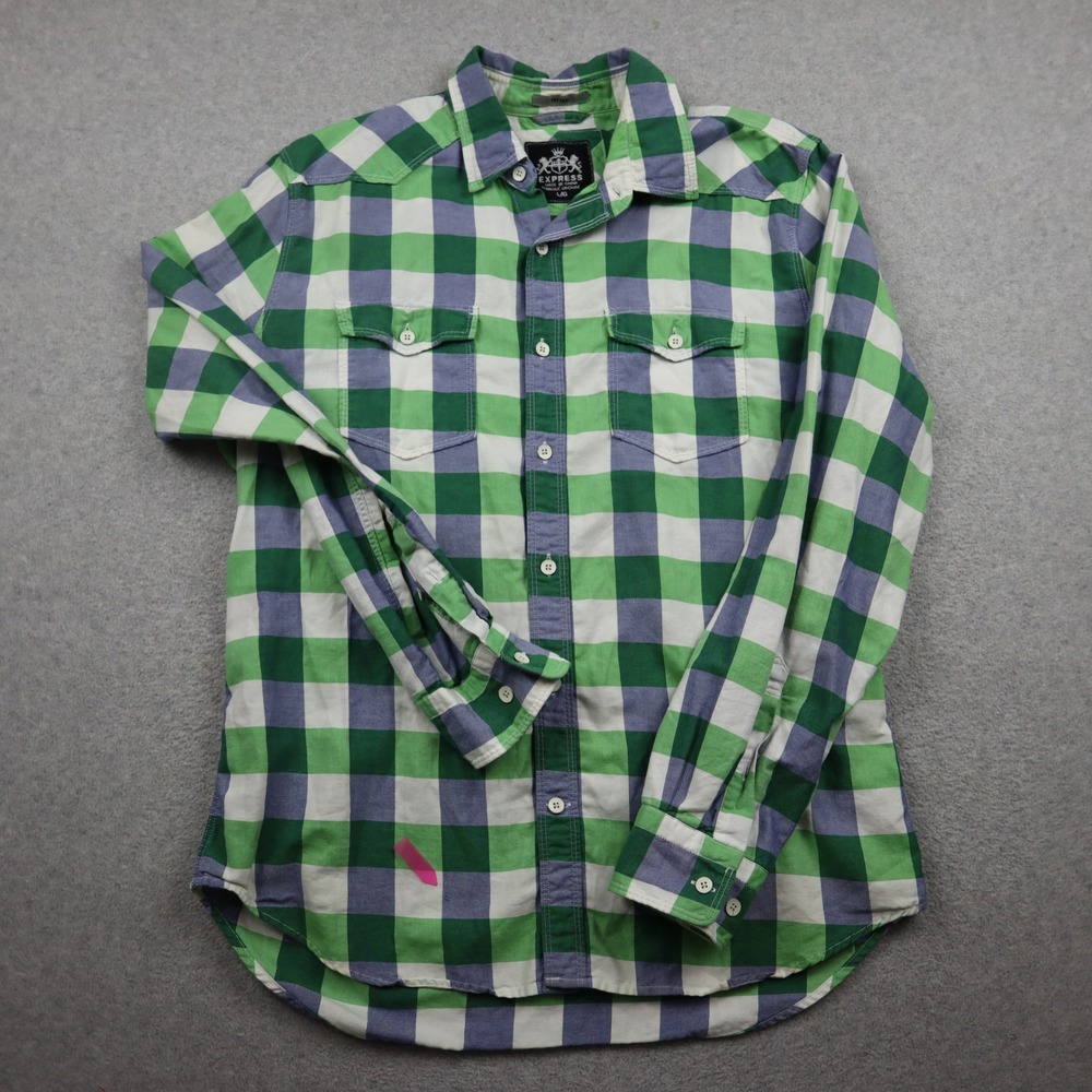 Express Button Down Shirt Mens Large Fitted Green Blue Buffalo Check Long Sleeve